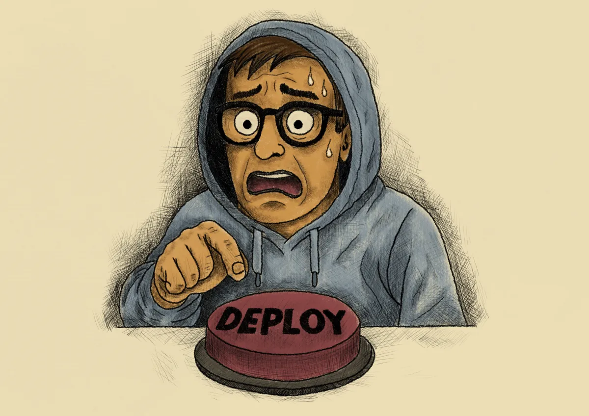 A nervous software developer in a hoodie, sweating and wide-eyed, hesitates with a shaky finger above a large red "DEPLOY" button, looking terrified about pressing it.