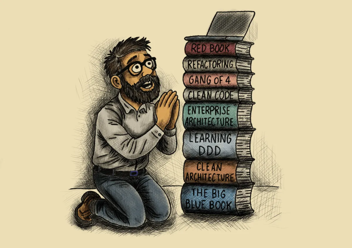 Illustration of a person kneeling before a tall stack of programming books, such as "Clean Architecture," "DDD," "Refactoring," and "Clean Code," as if worshiping them.