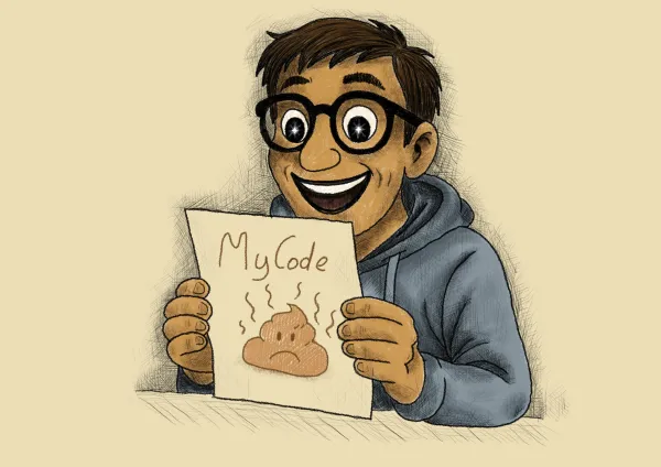 A cheerful developer in glasses proudly holds up a drawing labeled "My Code" with a steaming poop emoji, unaware of how bad it actually is.