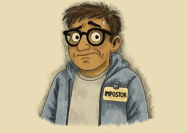 A nervous developer in glasses wearing a hoodie with a badge that reads "Impostor", sweating slightly as if caught in the middle of a coding disaster.